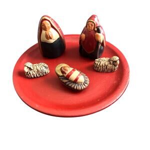 Vintage Chulucanas Peruvian Folk Art Pottery Nativity Set Hand Painted Christmas